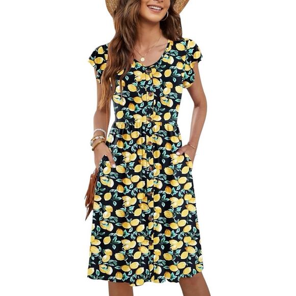WNEEDU Summer Dress Size Large Black Yellow Lemon Print Cap Sleeves Pockets - Picture 1 of 8